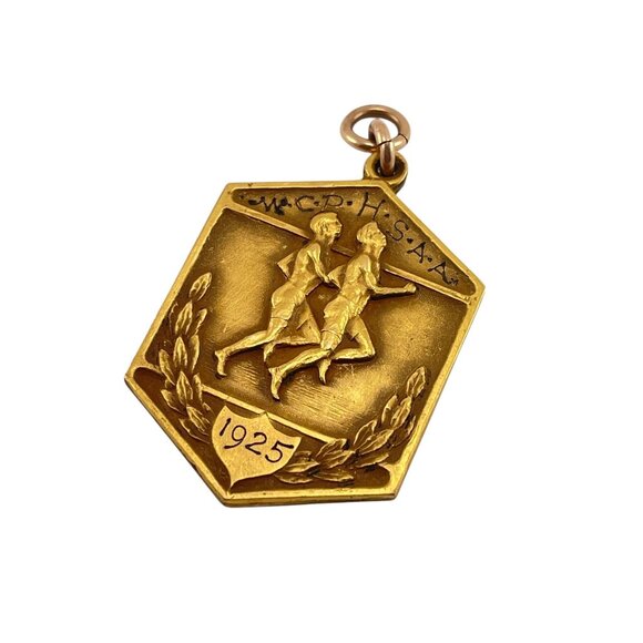 Antique 1925 W.C.P.I.S.A.A. Pentagonal Sports Medal Gold Plated Pendant - Picture 5 of 7